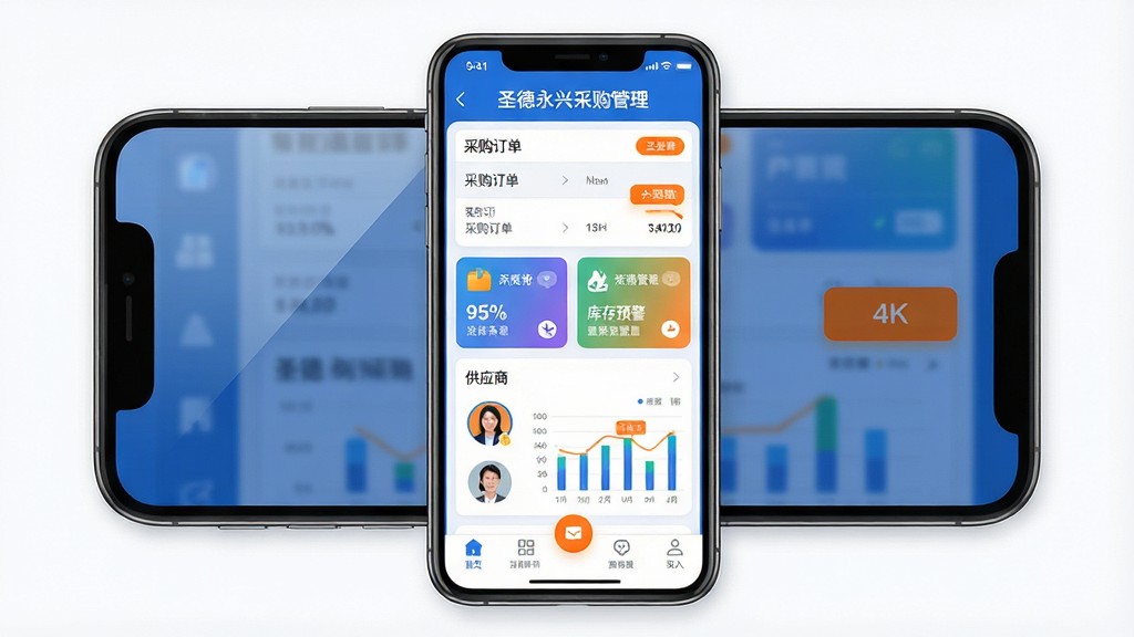 主体:手机屏幕展示“圣德永兴采购管理”软件主界面,界面包含采购订单列表、库存预警图标、供应商头像及数据统计图表。布局:手机居中,屏幕朝前,界面内容清晰可见,周围留白干净。排版:信息层级分明,顶部为软件名称“圣德永兴采购管理”,中部为彩色数据卡片,底部为功能导航栏。风格:现代扁平化设计,主色调为蓝色与白色,搭配橙色高亮按钮。细节:屏幕反射轻微光泽,界面文字清晰,图标精细。画质:4K超清,干净无多余元素