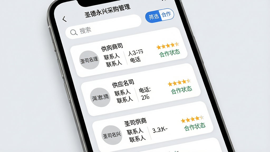 主体:手机屏幕展示“圣德永兴采购管理”的供应商列表页面,包含供应商卡片和评分星级。布局:列表纵向排列,每张卡片显示公司名称、联系人、电话、评分及合作状态。排版:卡片圆角设计,信息条理清晰,顶部为搜索栏和筛选按钮。风格:简洁商务风,浅灰背景,蓝色主题色。细节:供应商头像采用企业Logo占位,评分用星星表示。画质:高清细腻,干净无多余元素