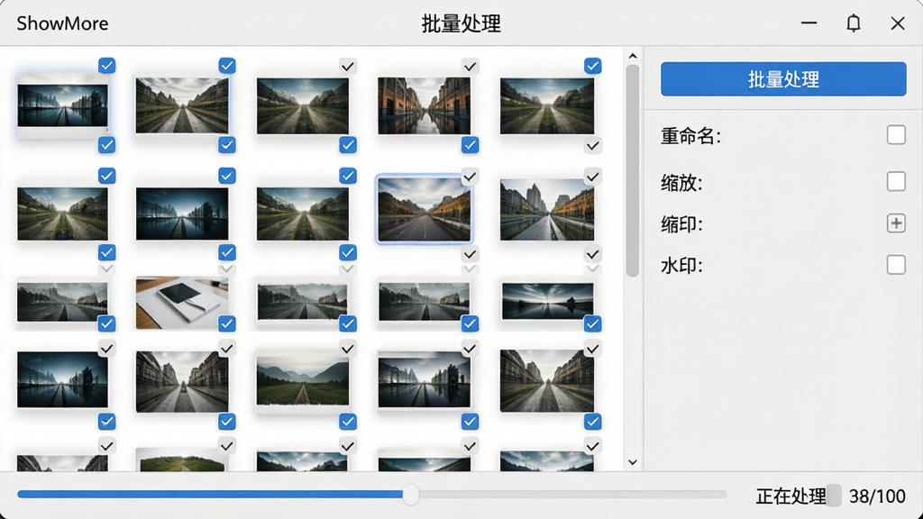 主体:ShowMore软件批量处理界面,左侧为图片列表,右侧为处理设置面板,下方有进度条。布局:界面为左右结构,左侧多张图片缩略图排列,右侧选项面板包含重命名、缩放、水印等选项。排版:列表与面板清晰分隔,顶部有“批量处理”标题。风格:商务简洁风格,浅灰底色,蓝色高亮按钮。细节:进度条显示“正在处理 38/100”,图片缩略图带有勾选标记。画质:高清,界面文字可读,干净无多余元素。