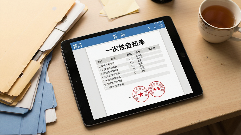 一张办公桌特写,桌面上放着一台平板电脑,屏幕上显示“首问”软件生成的“一次性告知单”样张,旁边散落着文件夹和茶杯。布局为俯拍视角,主体突出。排版将告知单内容清晰展示,字号较大。风格为写实摄影风,光线柔和温暖。细节包括告知单上的红色公章和清晰的条目列表。画质干净,无多余元素。