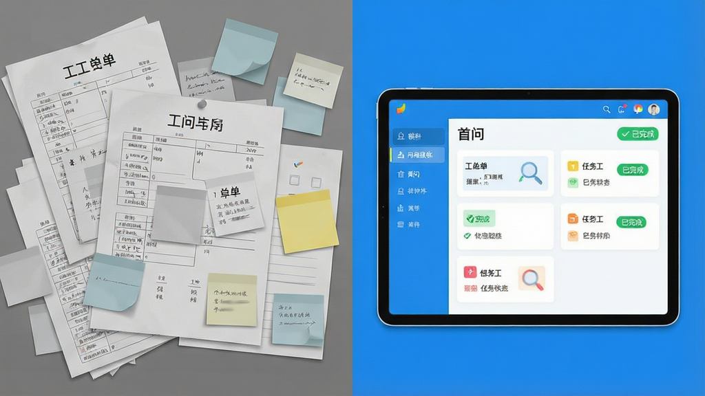 一张前后对比图,左侧是杂乱无序的纸质工单和便签,右侧是整洁的平板电脑上显示“首问”软件的流程跟踪界面,界面色彩明亮,任务状态清晰。布局采用左右分割构图,风格为扁平化对比风格。细节包括左侧的灰色调与右侧的蓝色调形成鲜明对比,右侧屏幕上有绿色“已完成”标签。画质高清,干净,无多余元素。