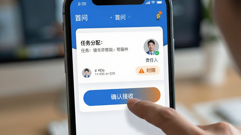 软件界面特写,屏幕显示“首问”应用的任务分配页面,一位用户用手指点击“确认接收”按钮。布局为手机竖屏界面居中展示,背景虚化。排版强调按钮的醒目位置。风格为写实与UI结合,界面清晰,色彩以蓝色和橙色为点缀。细节包括任务详情、责任人头像和时限提醒。画质高清,干净,无多余元素。