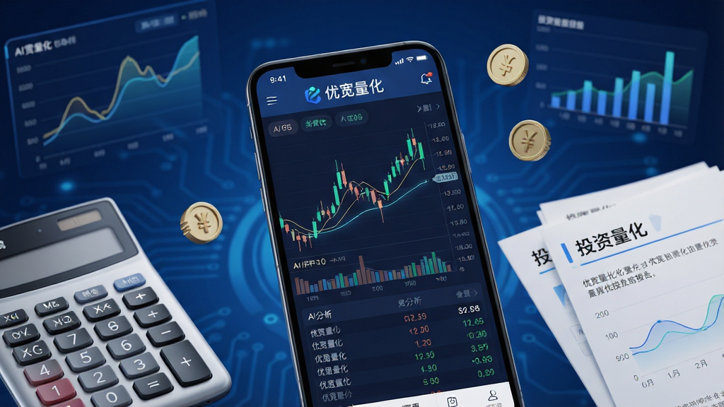 主体:一款名为“优宽量化”的智能手机应用界面,屏幕显示K线图与AI分析数据,手机旁边放置计算器与投资报告。布局:手机居中,周围环绕数据图表与货币符号,背景为深蓝色科技感渐变。排版:界面简洁,数据可视化清晰,突出“优宽量化”文字。风格:现代科技风,高质感渲染,光影效果真实。细节:屏幕上有“优宽量化”字样,图表线条流畅,数据点清晰,整体氛围专业。画质:8K超高清,干净,无多余元素。