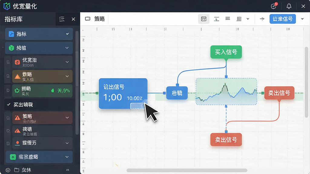 主体:“优宽量化”软件的策略编辑界面,展示一个正在拖拽的指标模块和策略流程图。布局:左侧为指标库,右侧为画布,中间有连接线。排版:界面清晰,模块化设计,色彩区分不同功能。风格:扁平化与拟物结合,明亮清爽。细节:画布上有“买入信号”、“卖出信号”标签,光标拖动模块,背景有网格。画质:高清,干净,无多余元素。