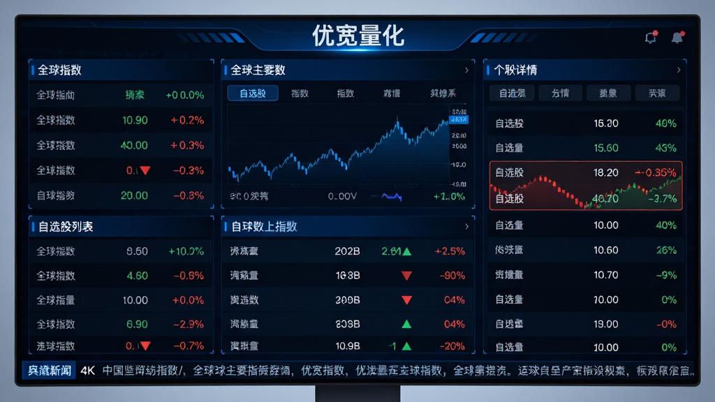 主体:“优宽量化”的市场监控大屏,展示全球主要指数与自选股列表。布局:多窗口布局,左侧指数、右侧个股详情。排版:数据滚动更新,颜色区分涨跌。风格:科技感大屏风格,蓝黑主调。细节:屏幕上有“自选股”标签,某只股票高亮显示涨幅,新闻舆情滚动条。画质:4K高清,干净,无多余元素。