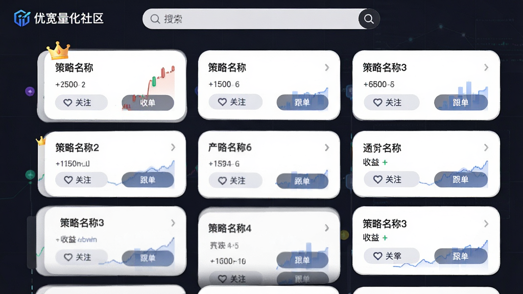 主体:“优宽量化”社区页面,展示策略卡片排行榜。布局:瀑布流卡片,顶部为搜索栏,卡片显示策略名称与收益。排版:卡片圆角,阴影效果,风格简约。细节:卡片上有“关注”、“跟单”按钮,排行榜前三名有皇冠图标。画质:高清,干净,无多余元素。