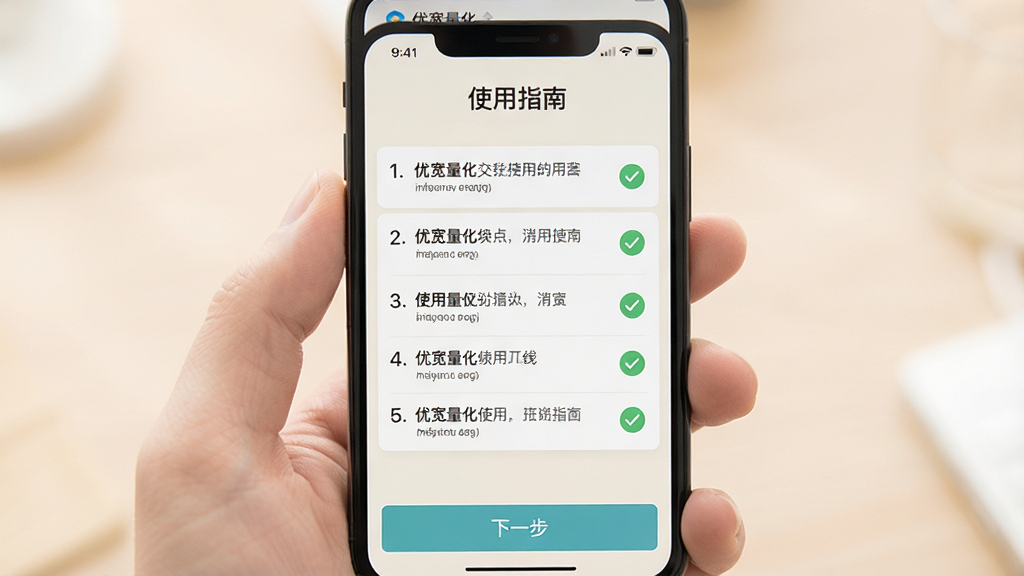 主体:手机截图展示“优宽量化”的“使用指南”页面,有步骤列表和绿色对勾。布局:手机居中,屏幕内显示步骤文字。排版:文字清晰,背景为浅色。风格:教育风格,柔和光线。细节:屏幕上有“使用指南”标题,步骤编号,底部有“下一步”按钮。画质:高清,干净,无多余元素。