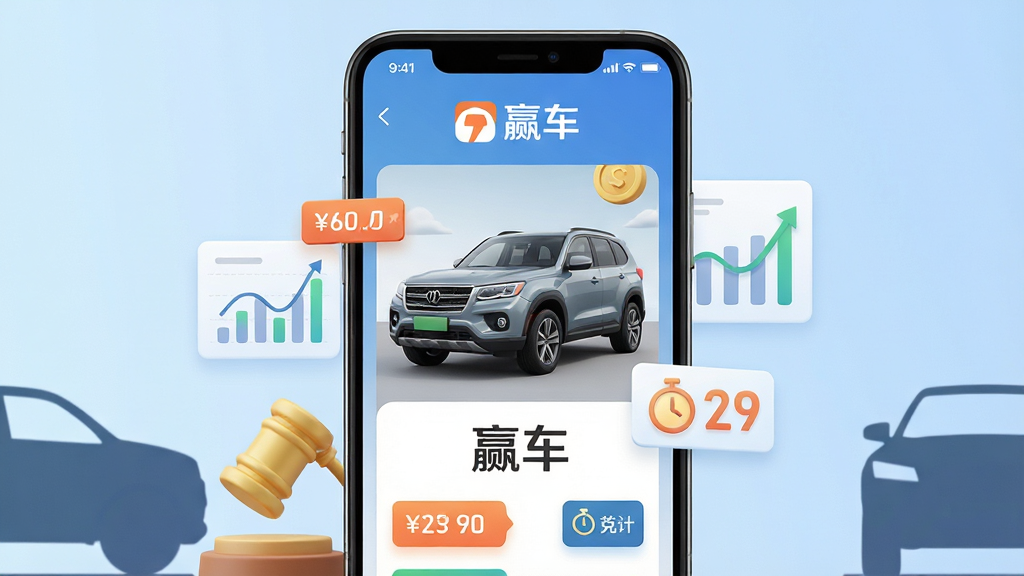 画面主体为智能手机屏幕展示赢车APP界面,屏幕中央显示一辆SUV二手车照片和“赢车”品牌logo,周围环绕金色拍卖锤与数据图表元素;布局采用手机居中、背景浅蓝渐变,左右两侧有车辆剪影;排版干净大气,突出拍卖与科技感;风格现代扁平化结合微立体,细节包含车辆价格标签、竞拍倒计时图标;画质高清,干净无多余元素。