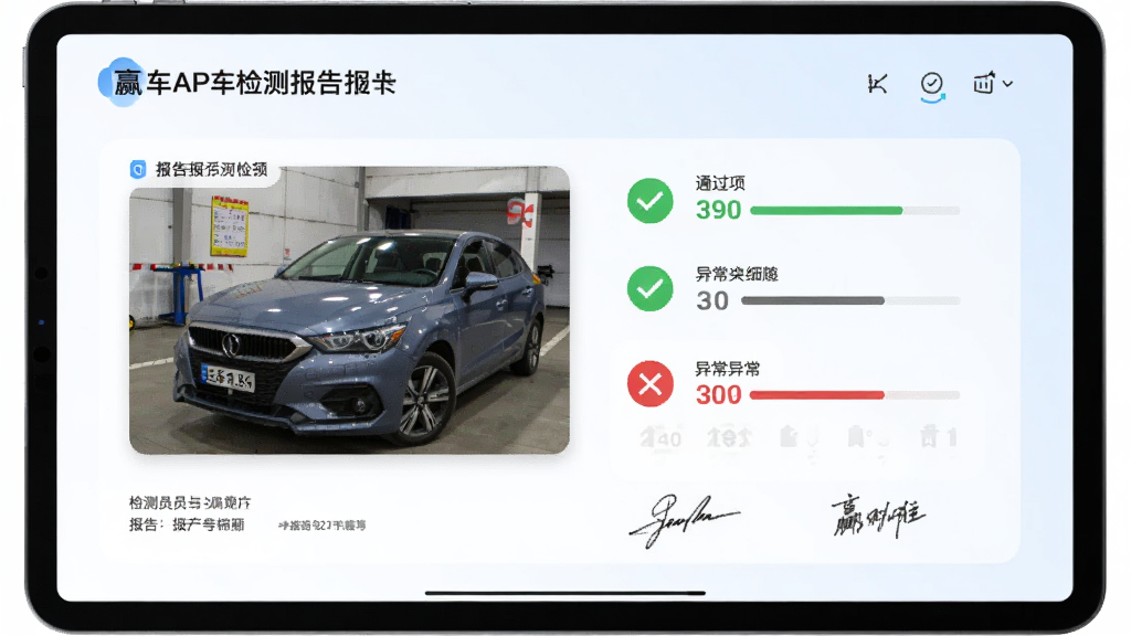 画面主体为赢车APP检测报告页面,展示车辆照片与各项评分,绿色对勾图标表示通过项,红色叉号表示异常项;布局为平板横屏展示,背景为浅蓝白渐变;风格简约科技,细节包含检测员签名和报告编号;画质清晰,干净无多余元素。