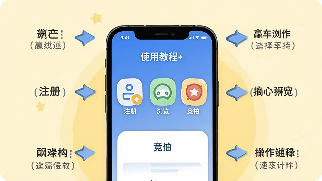 画面主体为赢车APP使用教程插图,展示手机操作步骤,屏幕上有“注册”“浏览”“竞拍”图标,背景为浅黄色,整体风格轻松易懂;布局为手机居中,四周有箭头指示;细节包括每一步的简短文字说明;画质干净,无多余元素。
