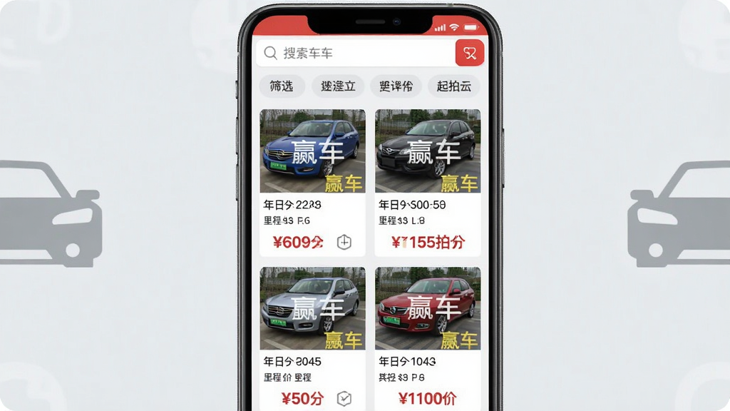 画面主体为赢车APP车源列表页面截图,展示多辆不同品牌二手车的缩略图与价格信息,顶部搜索栏和筛选标签;布局为手机竖屏居中,背景为浅灰色,左右有汽车图标点缀;排版整齐,每辆车带“赢车”水印;风格写实结合UI设计,细节包括车辆年份、里程和起拍价标签;画质清晰,干净无多余元素。