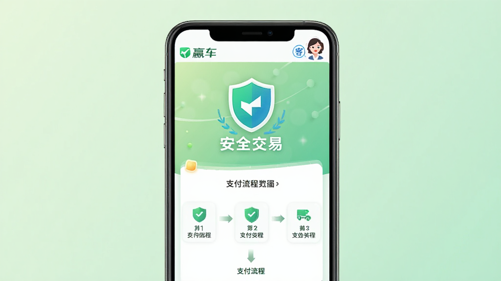 画面主体为赢车APP资金保障页面,显示盾牌图标与“安全交易”字样,下方有支付流程步骤图;布局为手机竖屏居中,背景浅绿渐变;风格商务可靠,细节包括“赢车”logo与客服头像;画质干净无多余元素。