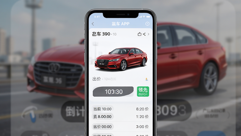 画面主体为赢车APP竞拍界面,显示一辆红色轿车图片,下方为出价按钮和倒计时时钟,旁边有“领先”绿色标签;布局为手机屏幕占中央,背景模糊处理突出主体;风格现代简洁,细节包含当前价、出价记录列表;画质高清,干净无多余元素。
