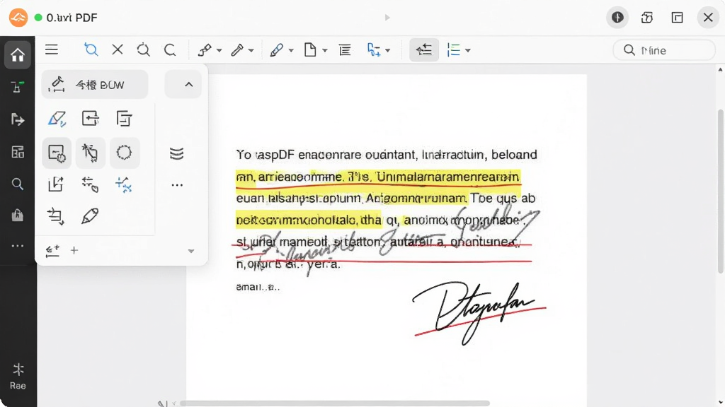 �Ƴ�PDF�༭���༭���棬�ĵ�������һ���ı�����ɫ�������Ա��к�ɫ�»��ߺ���дǩ���ʼ���������չ����ʾ������עͼ�꣬����ɫ����ͣ�����������ϸ�ڷḻ������רҵƷ��