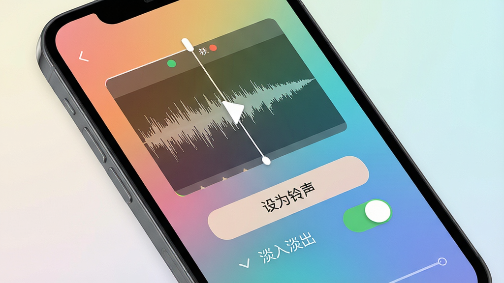 音乐快剪铃声制作界面预览,手机屏幕显示音频裁剪框,有“设为铃声”“淡入淡出”开关选项,背景为渐变色,风格清新,布局简洁,细节清晰,画质高清,无多余元素