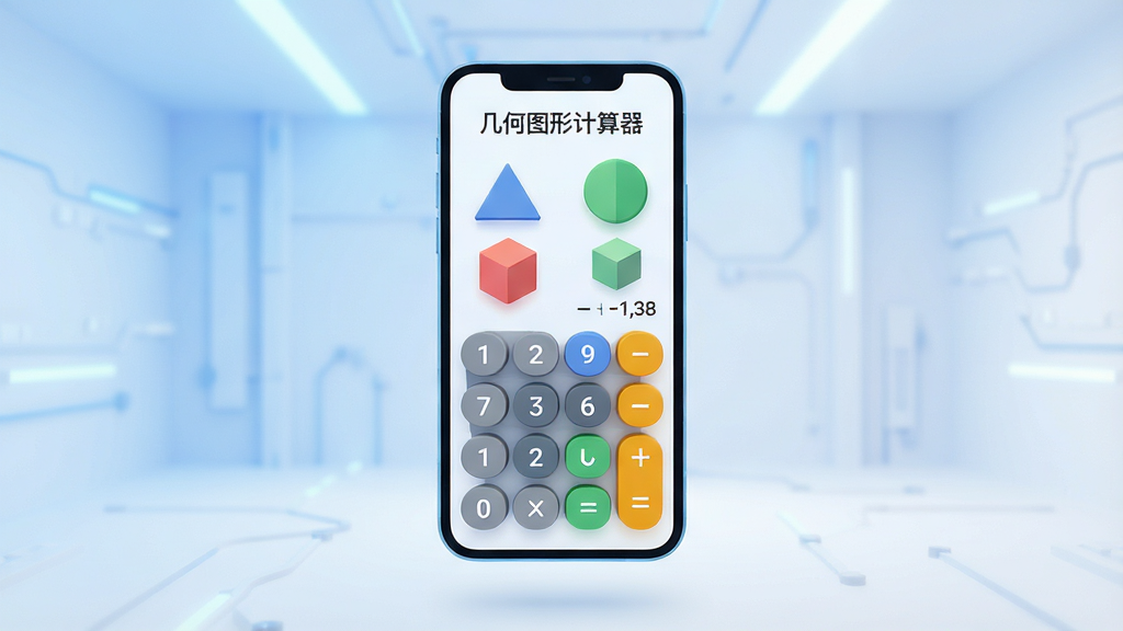 一幅现代简洁风格的三维渲染宣传图,主体为几何图形计算器手机应用界面悬浮于半空中,界面清晰展示三角形、圆形、立方体等彩色图标与计算结果,背景为柔和的蓝白渐变科技感环境,界面排版居中对称,文字标注“几何图形计算器”,整体画质干净通透,无多余元素