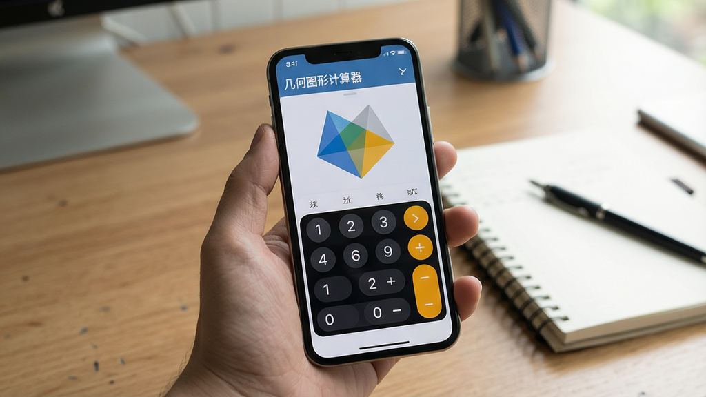 一张手机操作场景实拍图,主体为一只手持智能手机,屏幕正显示几何图形计算器的结果页面,背景为书桌与笔记本,构图自然,光线柔和,突出应用的实际使用状态,文字标注“几何图形计算器”,画质清晰干净