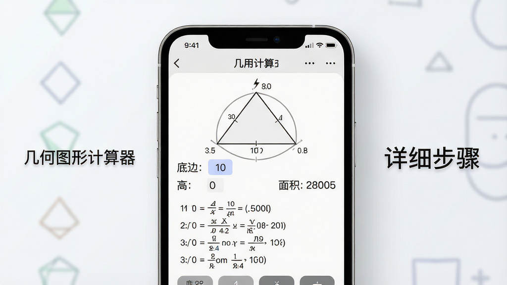 一张应用功能演示图,画面主体为几何图形计算器手机界面特写,屏幕中央展示一个三角形的计算详情页,包含已填写的底边与高数值、面积结果以及完整的公式推导步骤列表,页面布局清晰,背景简洁突出主体,文字标注“几何图形计算器”与“详细步骤”,画质细腻真实