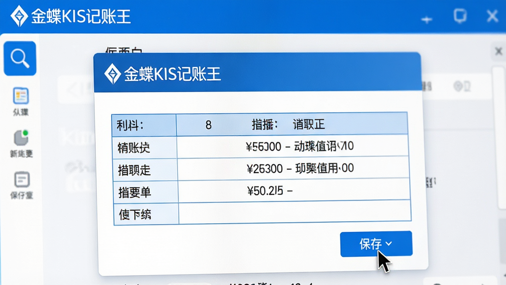 主体:金蝶KIS记账王的凭证录入界面特写,显示一张已填好的记账凭证,科目、金额、摘要清晰可见;布局:居中展示凭证表单,周围有工具栏图标;排版:表单字段横向排列,逻辑清晰;风格:清新商务,蓝白配色;细节:凭证左上角有“金蝶KIS记账王”品牌标识,鼠标光标悬停在保存按钮上;画质:细腻逼真,无多余元素