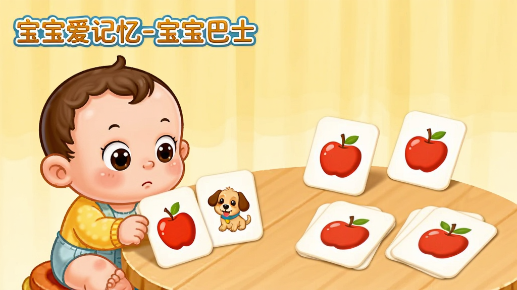 主体:一名卡通宝宝正在桌前专注地翻开记忆卡片,卡牌上画着苹果和狗狗,旁边有“宝宝爱记忆-宝宝巴士”的文字标识。布局:宝宝坐姿位于画面左侧,右侧桌面上散落着多张正面朝下的卡片,其中一张已翻开显示苹果图案。排版:文字标识位于画面左上角,卡片排列错落有致。风格:温馨可爱的卡通风格,浅黄色背景,细节丰富。细节:宝宝表情认真,卡片边缘有圆角,苹果图案色彩鲜艳。画质:高清,干净,无多余元素。