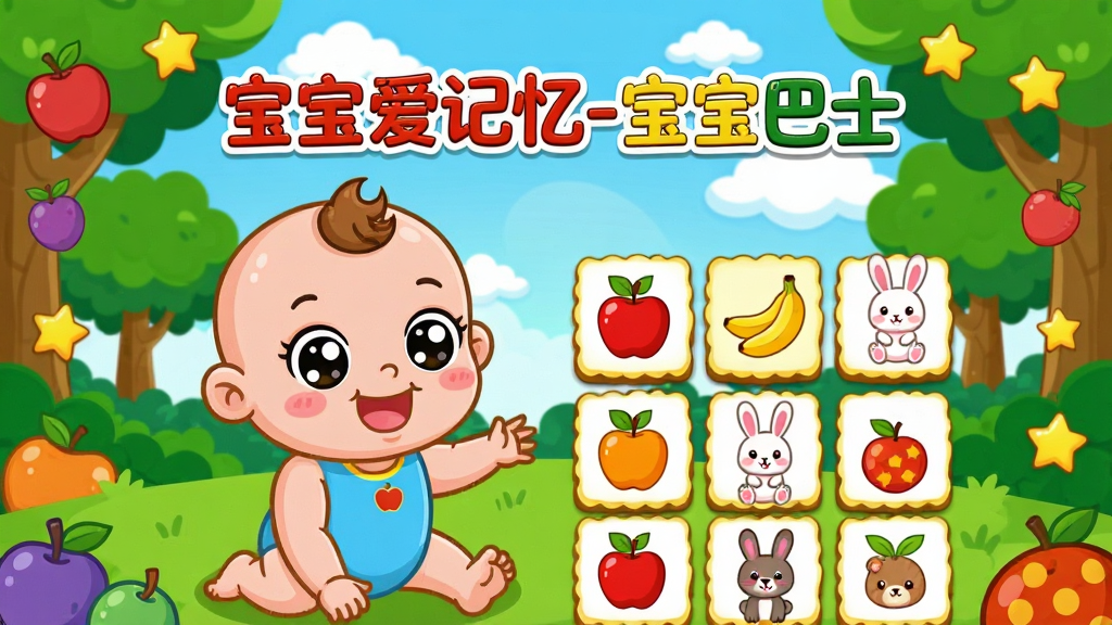 主体:可爱的卡通宝宝和动物伙伴们在色彩缤纷的森林场景中快乐地玩记忆配对游戏,画面中央有“宝宝爱记忆-宝宝巴士”的醒目文字标题。布局:卡通宝宝位于画面中央偏左,右侧是排列整齐的翻牌卡片,背景是蓝天白云和绿树,四周点缀着水果和星星。排版:标题在顶部居中,卡片以网格状排列在下半部分,整体布局饱满有序。风格:明亮清新的卡通插画风格,色彩鲜艳,线条圆润,充满童趣。细节:卡片上绘制有苹果、香蕉、小兔子等图案,宝宝表情开心,有闪亮的眼睛。画质:高清,干净,无多余元素。