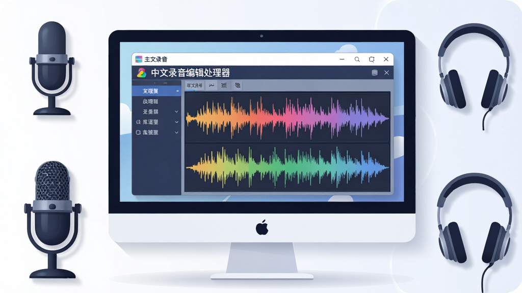 画面主体为“中文录音编辑处理器”软件的主界面悬浮于现代简约风格的电脑显示器上,界面清晰展示中文菜单栏与彩色波形图。布局采用电脑屏幕为中心,周围带有麦克风、耳机等录音设备元素点缀。排版整洁,突出软件界面。风格为扁平化科技感插画,细节包含柔和阴影与高光。画质高清,干净无多余元素。