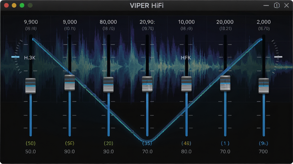 VIPER HiFi软件内10段均衡器调节界面,各个频段滑块呈现出V字形曲线,界面带有频率数值标识,背景为声波频谱图,界面科技感强,高清画质,干净整洁