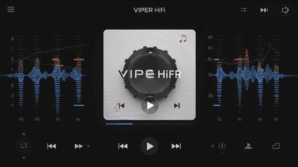 VIPER HiFi音乐播放器主界面,深色背景,中间是正在播放的专辑封面,周围环绕着均衡器动态波形,界面简洁现代,高保真音质概念图,高清画质,干净无多余元素