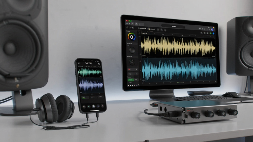 VIPER HiFi在手机和电脑上同时运行的场景图,手机连接蓝牙耳机,电脑连接独立声卡,界面显示高解析度音频波形,体现跨平台使用,现代科技感,高清渲染