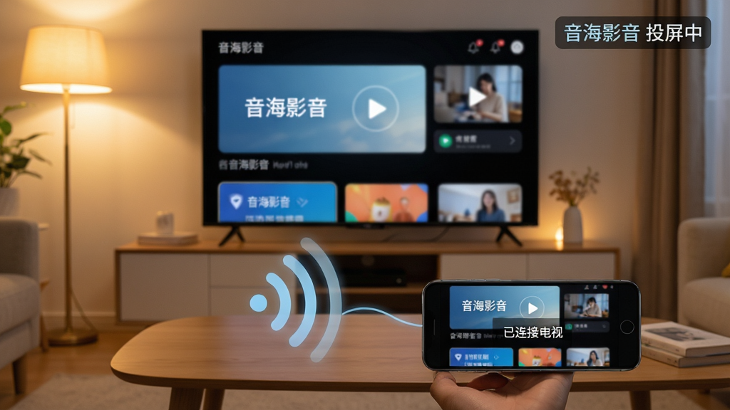 主体:客厅场景,电视上正在播放音海影音界面,手机在茶几上,屏幕与电视内容一致,画面显示正在投屏中。布局:电视作为背景,手机在前景,两者之间有一条无线信号波纹连接。排版:构图平衡,电视画面清晰明亮。风格:写实家居风格,暖色调灯光。细节:电视右上角显示“音海影音 投屏中”字样,手机屏幕上有“已连接电视”的提示。画质:高清,画面干净,无多余元素。