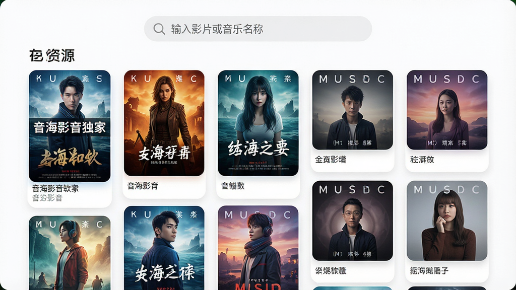 主体:音海影音软件内的“在线资源”页面,页面顶部是搜索框,下方是瀑布流式的影视海报和音乐专辑封面。布局:顶部搜索框居中,内容区采用网格布局。排版:海报和封面大小统一,排列整齐,色彩丰富。风格:明亮清新的UI设计,圆角卡片元素。细节:搜索框内有“输入影片或音乐名称”的灰色提示文字,一个海报上标注“音海影音独家”。画质:高清,画面干净,无多余元素。