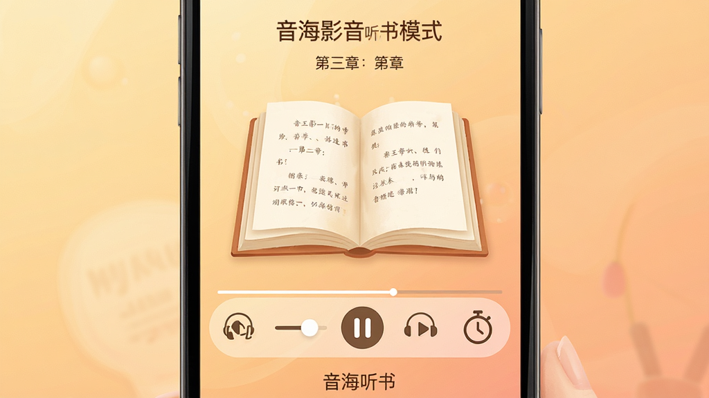 主体:手机屏幕显示音海影音听书模式界面,界面中央是一本翻开的电子书,背景是柔和的暖色渐变。布局:上方显示书名和章节,下方是播放控制条,包含语速调节和定时器图标。排版:文字排版舒适,行间距适中。风格:插画风格,色彩温暖,给人安静舒适的感觉。细节:播放控制条上有一个耳机图标,界面底部有“音海听书”字样。画质:高清,画面干净,无多余元素。