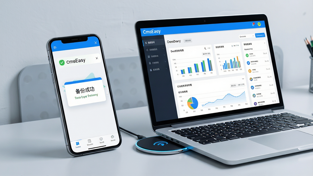 主体:一部智能手机和一台笔记本电脑并排放在桌面,屏幕上显示CmsEasy后台管理界面,手机屏幕上有“备份成功”的提示弹窗。布局:手机在左,笔记本在右,两者呈一定角度,背景为浅灰色工作台。排版:设备居中,屏幕内容清晰可见。风格:现代科技感,色调明亮,以蓝白为主。细节:手机和电脑屏幕中都显示CmsEasy的仪表盘,带有图表和列表,桌面有无线充电板。画质:超高清,干净,无多余元素。