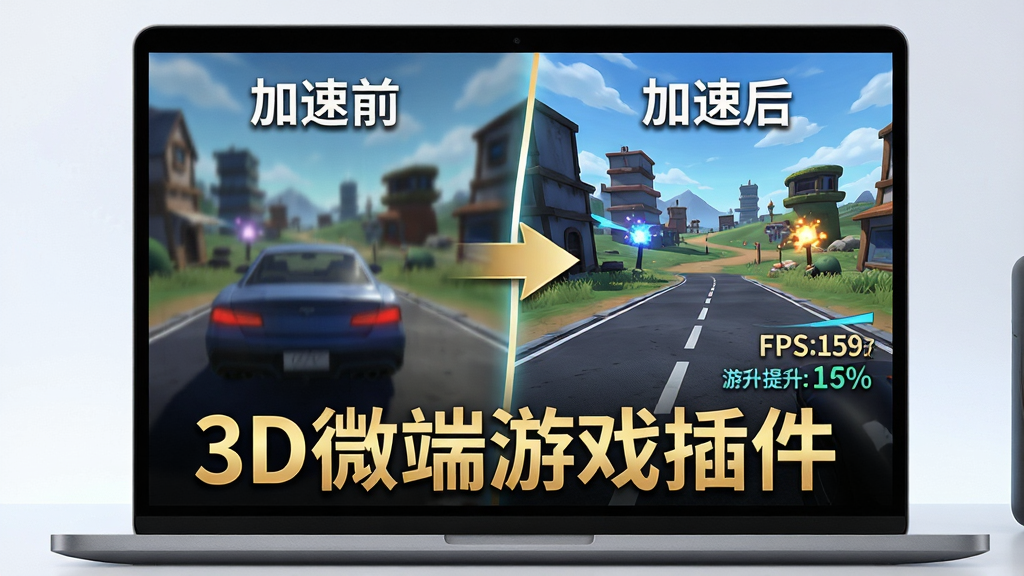主体:一台笔记本电脑屏幕中显示3D游戏场景,画面左边是“加速前”模糊卡顿,右边是“加速后”清晰流畅;布局:左右对比构图,中间有箭头指向;排版:屏幕下方有“3D微端游戏插件”金色文字;风格:数字艺术风格,光线明亮;细节:左右画面差异明显,右侧有FPS数值提升;画质:高分辨率,干净无多余元素。