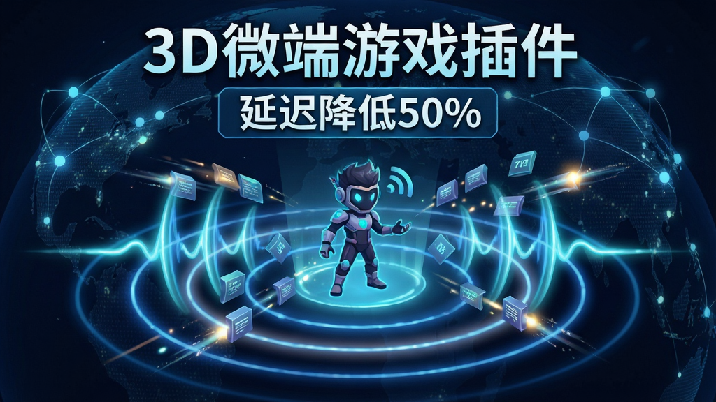 主体:一个网络信号波纹图,中心是一个游戏人物,周围有数据包快速流动;布局:中心对称,背景为地球网络节点;排版:顶部有“3D微端游戏插件”字样,下方有“延迟降低50%”标语;风格:科技感插画;细节:信号波纹有光效,数据包带有光点;画质:清晰锐利,无多余元素。