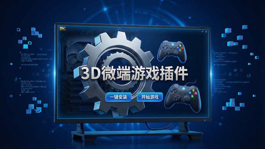 主体:一台炫酷的3D游戏电脑主机,屏幕上显示着“3D微端游戏插件”的安装完成界面,画面中有一个巨大的3D齿轮与游戏手柄图标;布局:主体居中,背景为深蓝色科技感光效,四周有漂浮的数据流与像素方块;排版:界面文字清晰,突出“3D微端游戏插件”字样,下方有“一键安装”“开始游戏”按钮;风格:写实与科幻结合,光影质感强烈;细节:齿轮金属反光,手柄按键高亮,屏幕边缘有微光晕;画质:8K超清,干净无多余元素。
