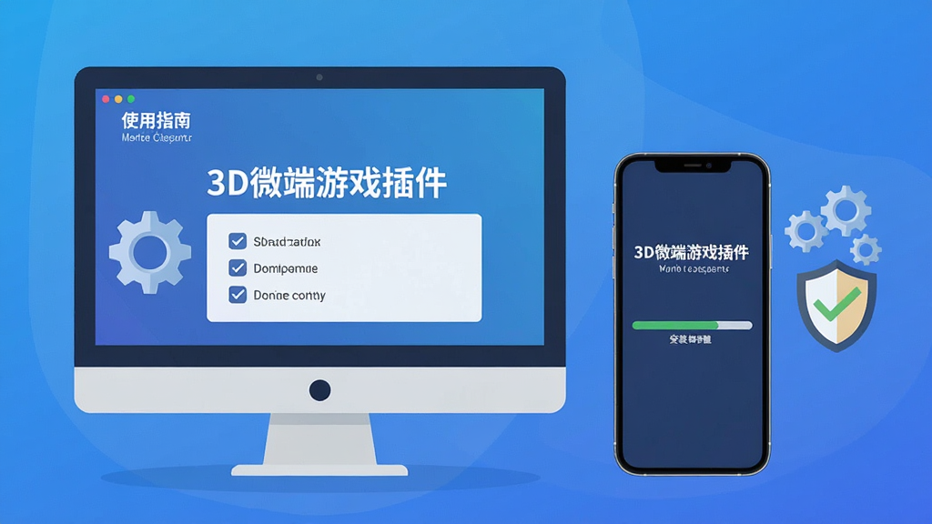 主体:一台电脑与一部手机并排,屏幕上显示“3D微端游戏插件”使用界面,旁边有齿轮和盾牌图标;布局:左右排列,背景为渐变蓝色;排版:界面简洁,有“使用指南”小标题;风格:扁平化插画;细节:电脑屏幕上有勾选选项,手机屏幕有安装进度条;画质:高清,无多余元素。