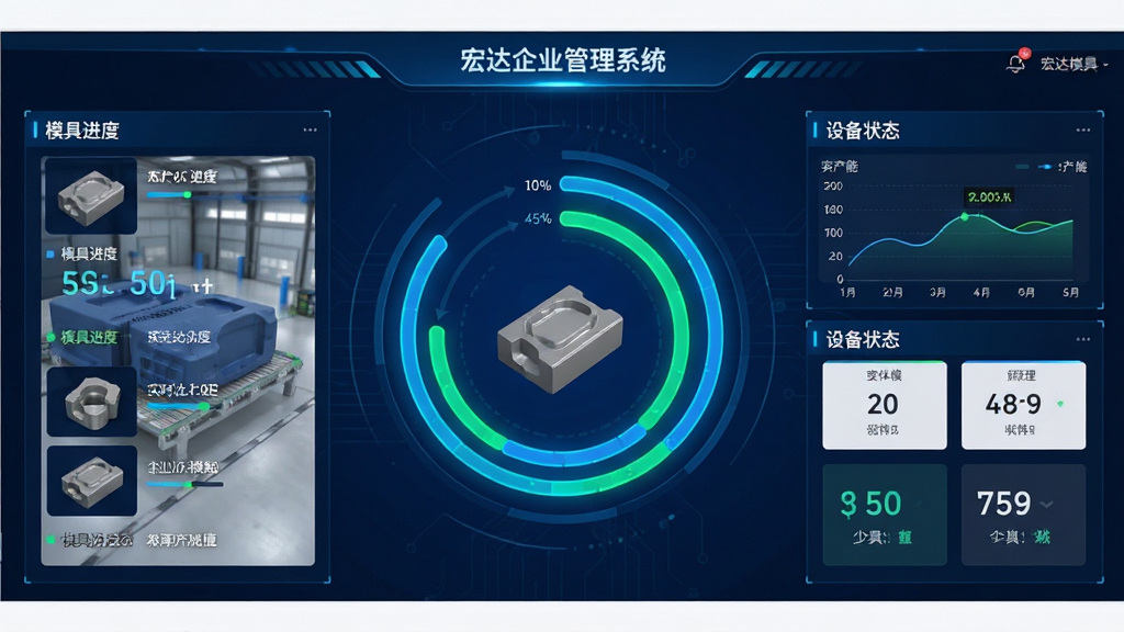画面主体为宏达模具企业业务生产管理系统的驾驶舱数据大屏界面,布局为中央核心指标环状图,两侧分布模具进度列表与设备状态卡片,排版采用深蓝科技感底色搭配霓虹蓝绿数据光效,风格为现代企业管理软件UI设计,细节展示模具三维模型缩略图与实时产能曲线,画质8K超清,干净无多余元素