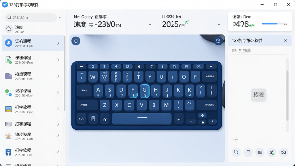 软件主界面展示图,画面中央是深蓝色键盘指法分区图,左侧为课程列表,右侧为打字练习区,上方显示速度与正确率数据,整体布局简洁明亮,现代扁平化设计风格,细节清晰,画质干净,无多余元素,文字标注“123打字练习软件”