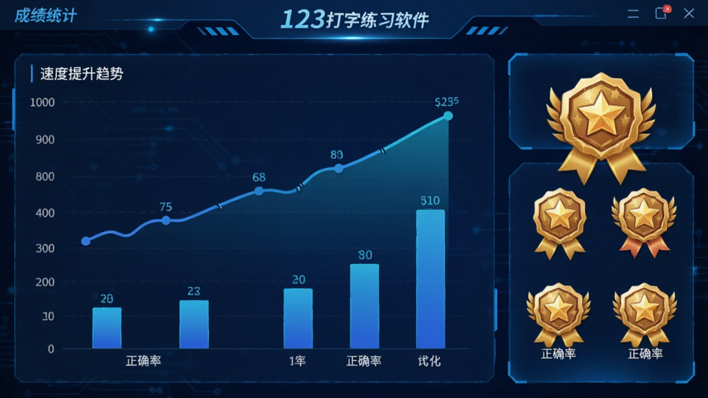 成绩统计界面,折线图显示速度提升趋势,柱状图对比正确率,右侧有成就徽章展示,整体采用蓝色科技感风格,文字标注“123打字练习软件”