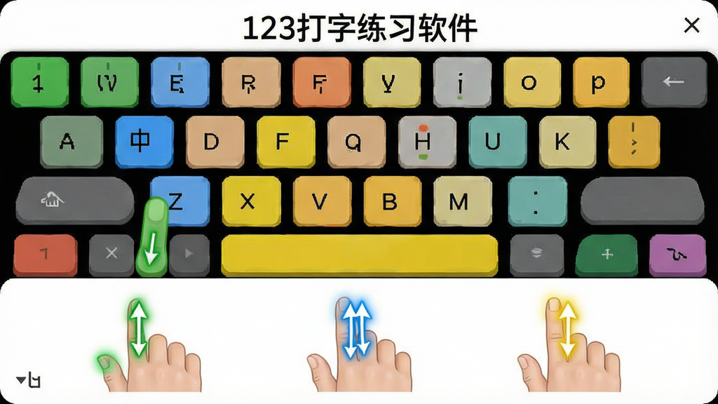 指法分区教学界面,彩色键盘图上标注左手食指绿色、中指蓝色、无名指黄色等,下方有手指动画演示,白色背景,界面风格干净清爽,文字标注“123打字练习软件”