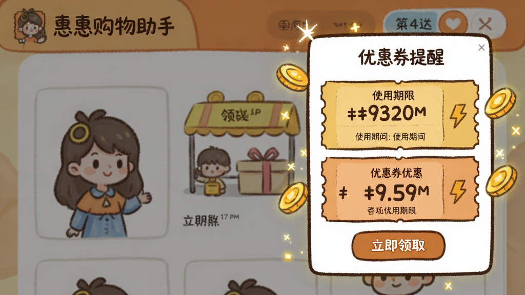 惠惠购物助手在商品页面上弹出优惠券提醒窗口,展示多张面额不同的优惠券,用户点击“立即领取”按钮;布局为右侧悬浮卡片,周围有闪闪发光的金币特效;风格为手绘卡通风格,色彩温暖活泼;细节包括券面金额数字、使用期限标注;画质干净,无多余元素。