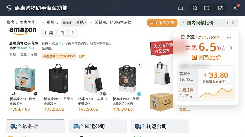 惠惠购物助手海淘功能界面,展示美国亚马逊商品页面,旁边悬浮着人民币价格换算结果与国内同款比价,下方有转运公司列表;布局为左右分栏;风格为简洁商务风;细节包括汇率数字、关税估算金额;画质高清,干净,无多余元素。