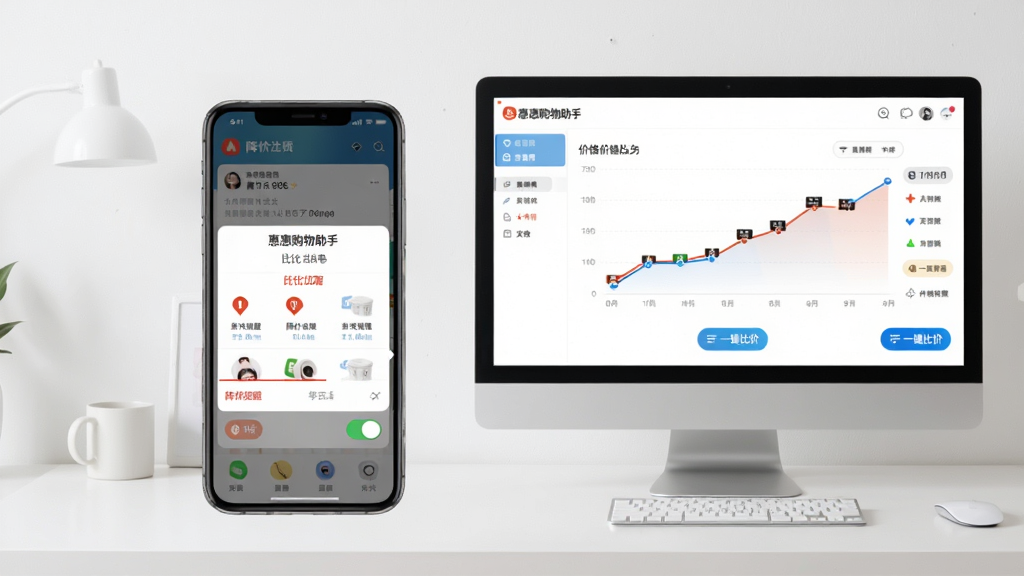 手机与电脑并排展示惠惠购物助手界面,手机屏幕上显示半屏比价弹窗,电脑屏幕显示完整价格曲线,背景为简洁的桌面环境;布局为左右对称;风格为写实摄影风格;细节包括手机上的“降价提醒”开关、电脑上的“一键比价”按钮;画质高清,干净,无多余元素。