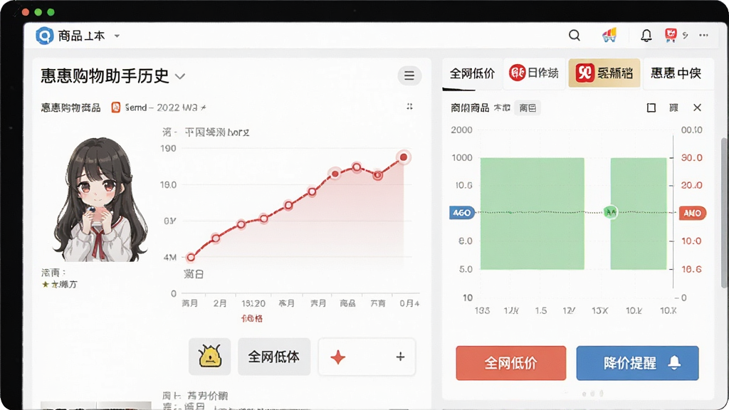 电脑屏幕前展示惠惠购物助手的历史价格曲线图界面,旁边有多个电商平台Logo对比列表,下方标注“全网低价”和“降价提醒”按钮;布局为左侧商品图右侧价格图表;风格为清爽的UI界面截图风格;细节包括价格曲线的红色节点、绿色低价区间;画质清晰,干净,无多余元素。
