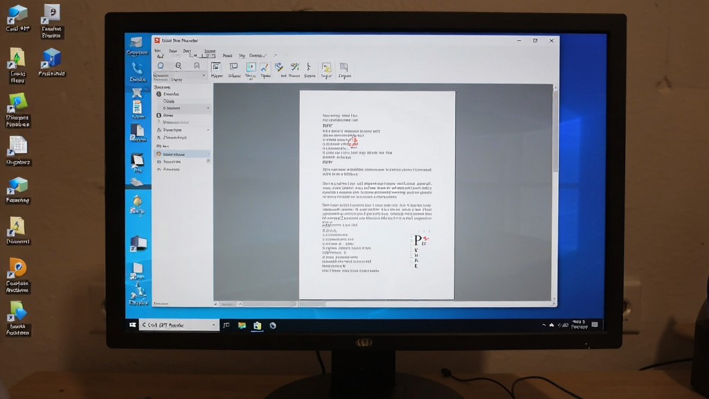 一张展示Cool PDF Reader在Windows桌面上运行的实拍照片,主体为电脑显示器,屏幕上显示软件打开PDF文档的界面,布局居中,排版清晰,风格写实,细节包括桌面图标和任务栏,画质清晰干净,无多余元素