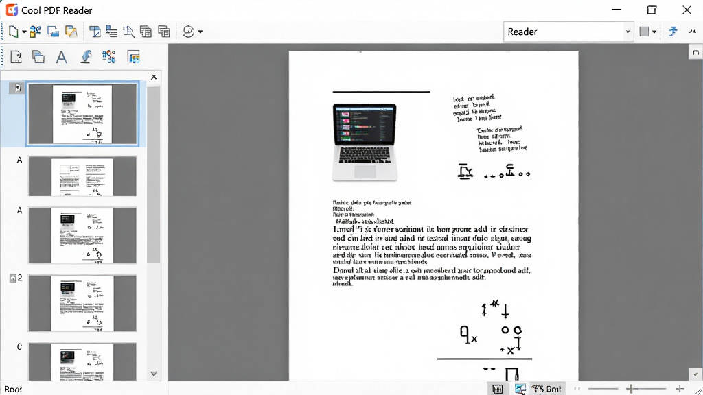 一幅展示Cool PDF Reader软件界面的高清截图,主体为软件主窗口,左侧显示缩略图栏,右侧展示打开的PDF文档页面,布局简洁清晰,排版规整,风格现代简约,细节包括工具栏按钮和状态栏,画质清晰干净,无多余元素