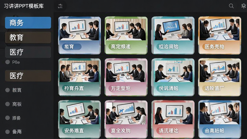 习讲PPT模板库界面截图,展示模板分类列表与缩略图墙,包含商务、教育、医疗等分类标签,界面采用卡片式布局,色彩丰富,画质清晰,无多余元素