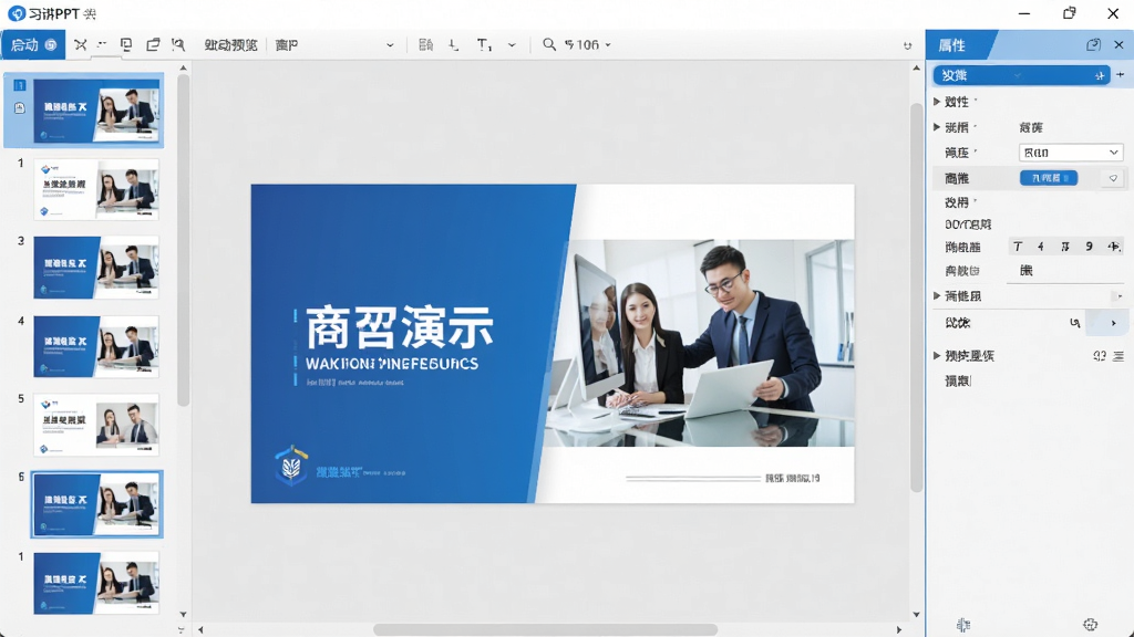 习讲PPT主界面预览图,展示软件启动后的编辑界面,左侧幻灯片缩略图列表,中间画布区域有一张精美的商务演示幻灯片,右侧属性面板,整体采用蓝白配色,界面干净整洁,画质清晰,无多余元素