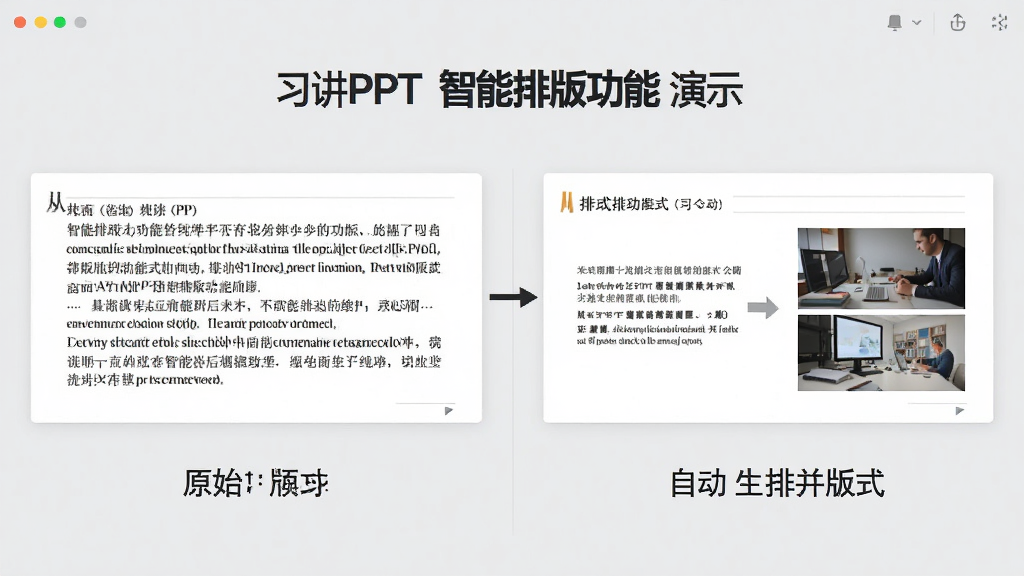 习讲PPT智能排版功能演示图,展示一张幻灯片从纯文本到自动生成图文并茂版式的对比效果,左侧为原始文本,右侧为排版后的幻灯片,背景为浅灰色,界面简洁,画质干净,无多余元素